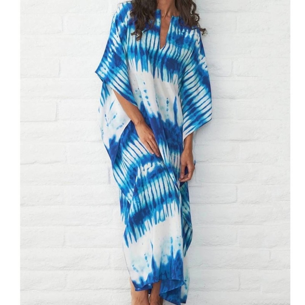 Tie Dye Caftan Beach Swim Coverup Maxi Dress - Picture 2 of 15